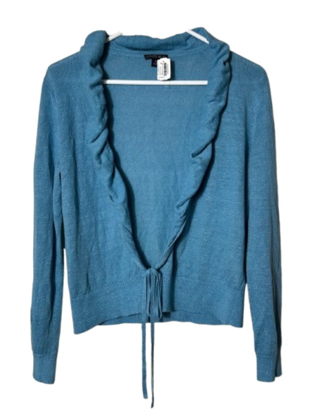 Lafayette 148 blue ruffle 100% knit linen tie front cardigan womens S NWOT